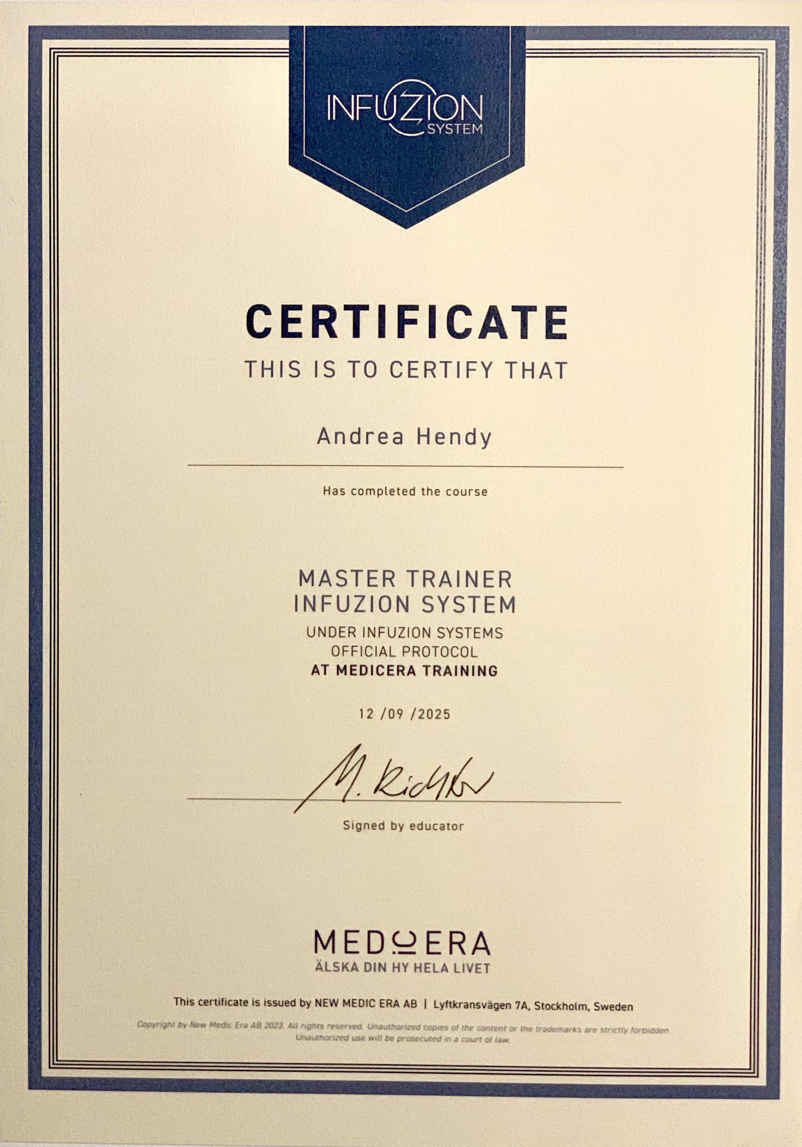 Infuzion System® Certificate